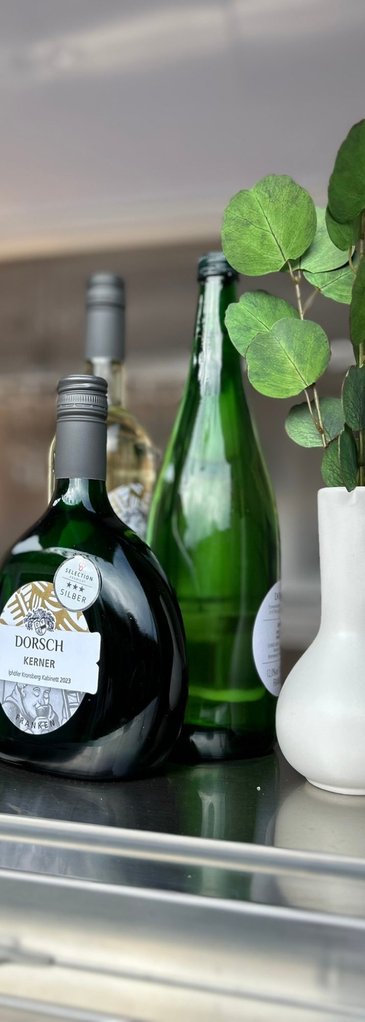 Zwei Flaschen Wein und eine Vase mit einer Pflanze auf einem Regal.